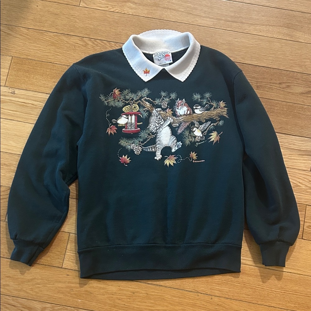 Vintage Forest Cat Graphic Pullover Sweater with Contrast Collar - Dark Green